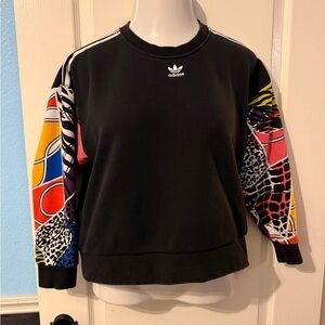 Adidas Women's Black Sweatshirt with Multicolor Graphic Sleeves